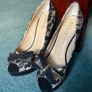 Black lace Guess open toed high heels